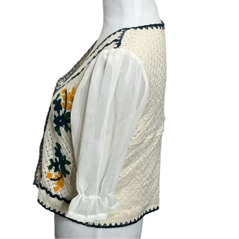 Knit Crochet Button Blouse Women’s XS White Puff Sleeve Embroidered Cottagecore - Picture 4 of 10